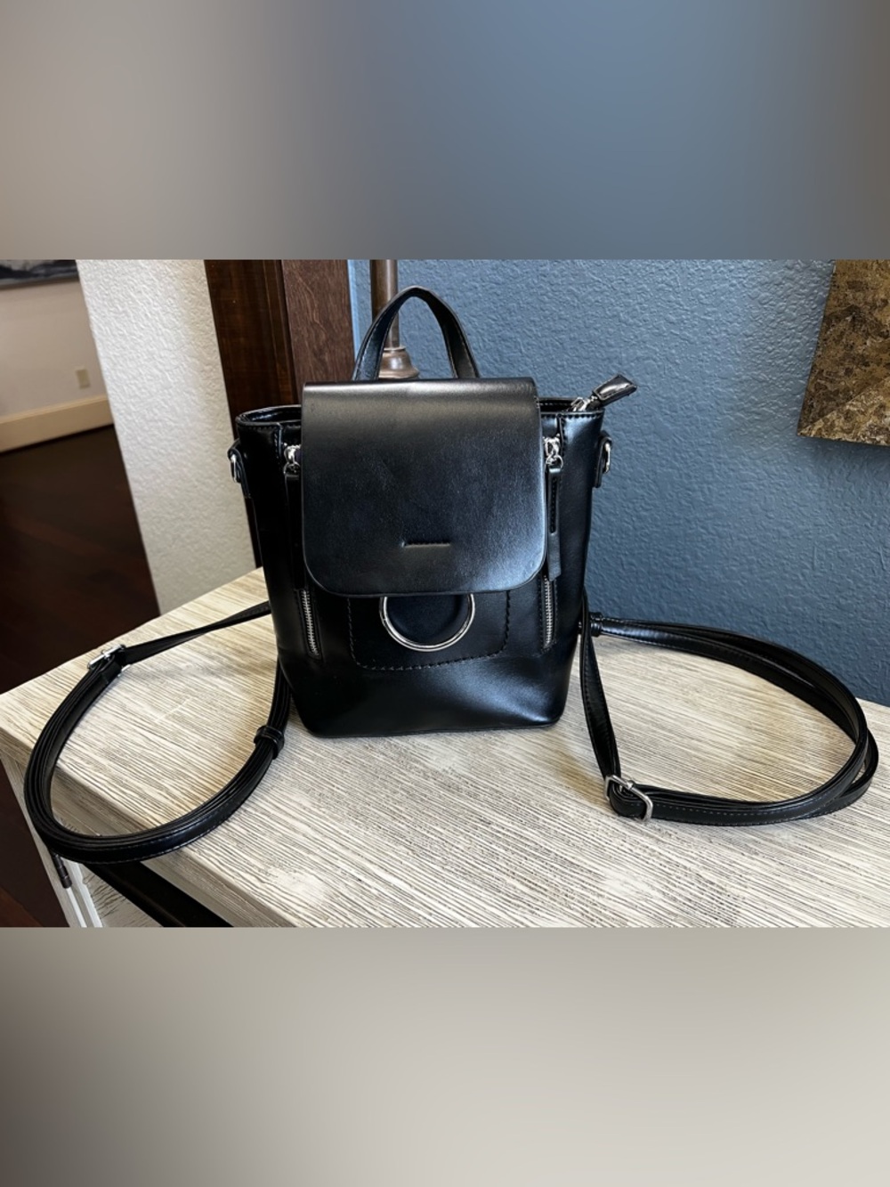LIKE NEW!!! Madison West Black Backpack/Crossbody Bag with Silver Ring Accent